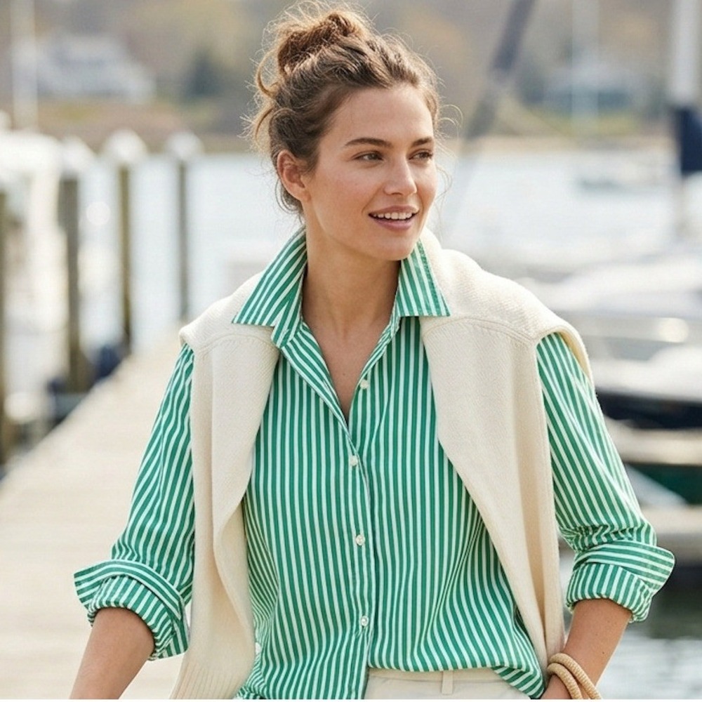 Uniqlo Striped Button Down Shirt Womens XL Green White Preppy Office